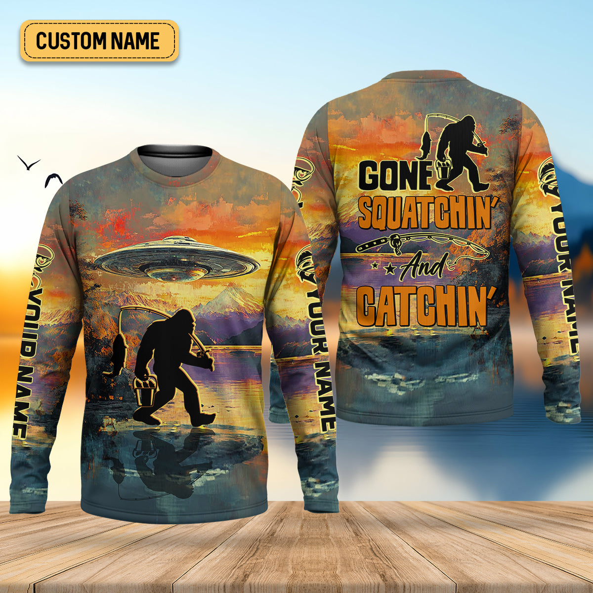 Gone Squatchin And Catchin UFO Bigfoot Fishing UPF Shirts, Fishing Gifts For Men, Fishing Shirts For Men