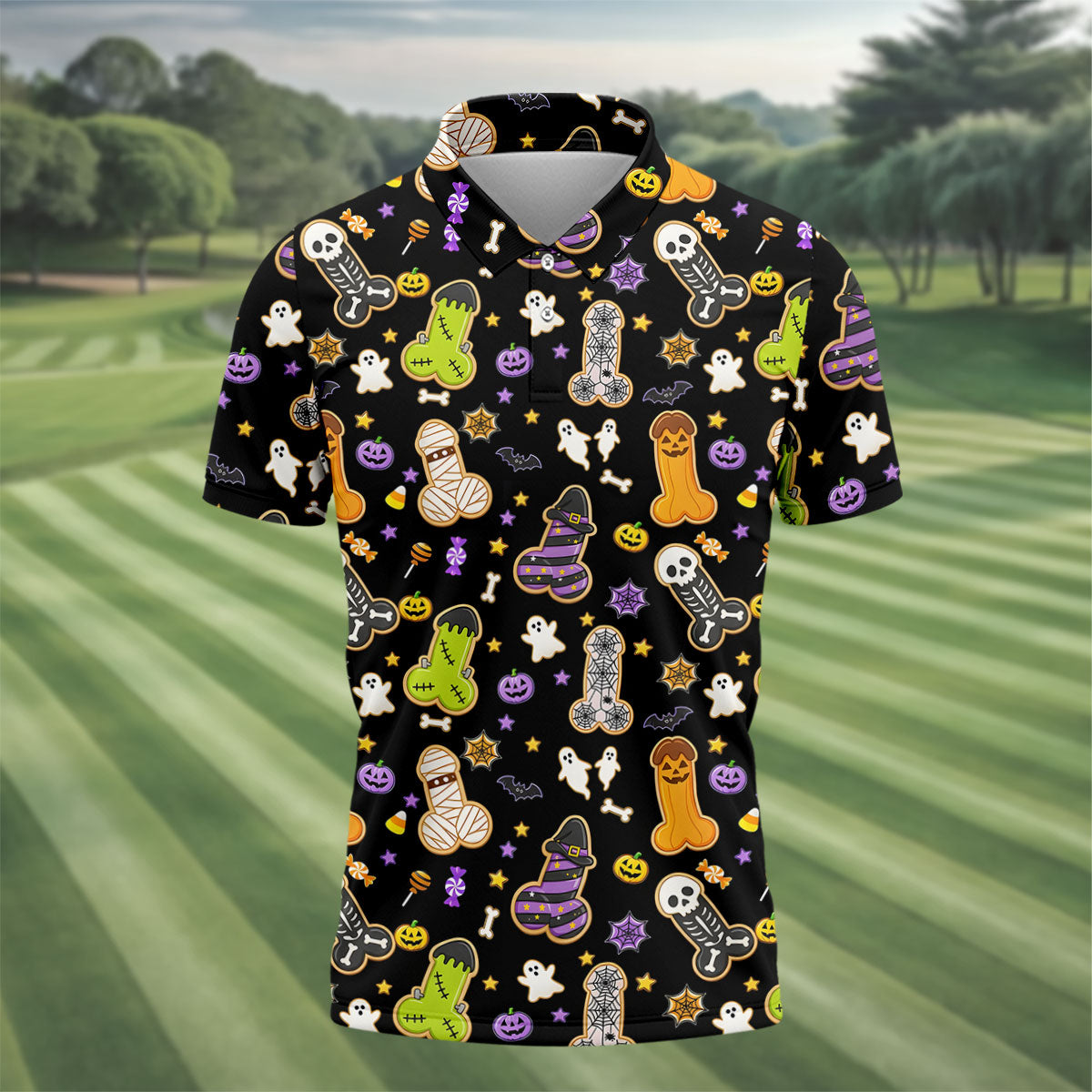 Funny Adult Halloween Cookie Pattern Polo Shirt, Men's Golf Shirt, Printed Golf Shirts