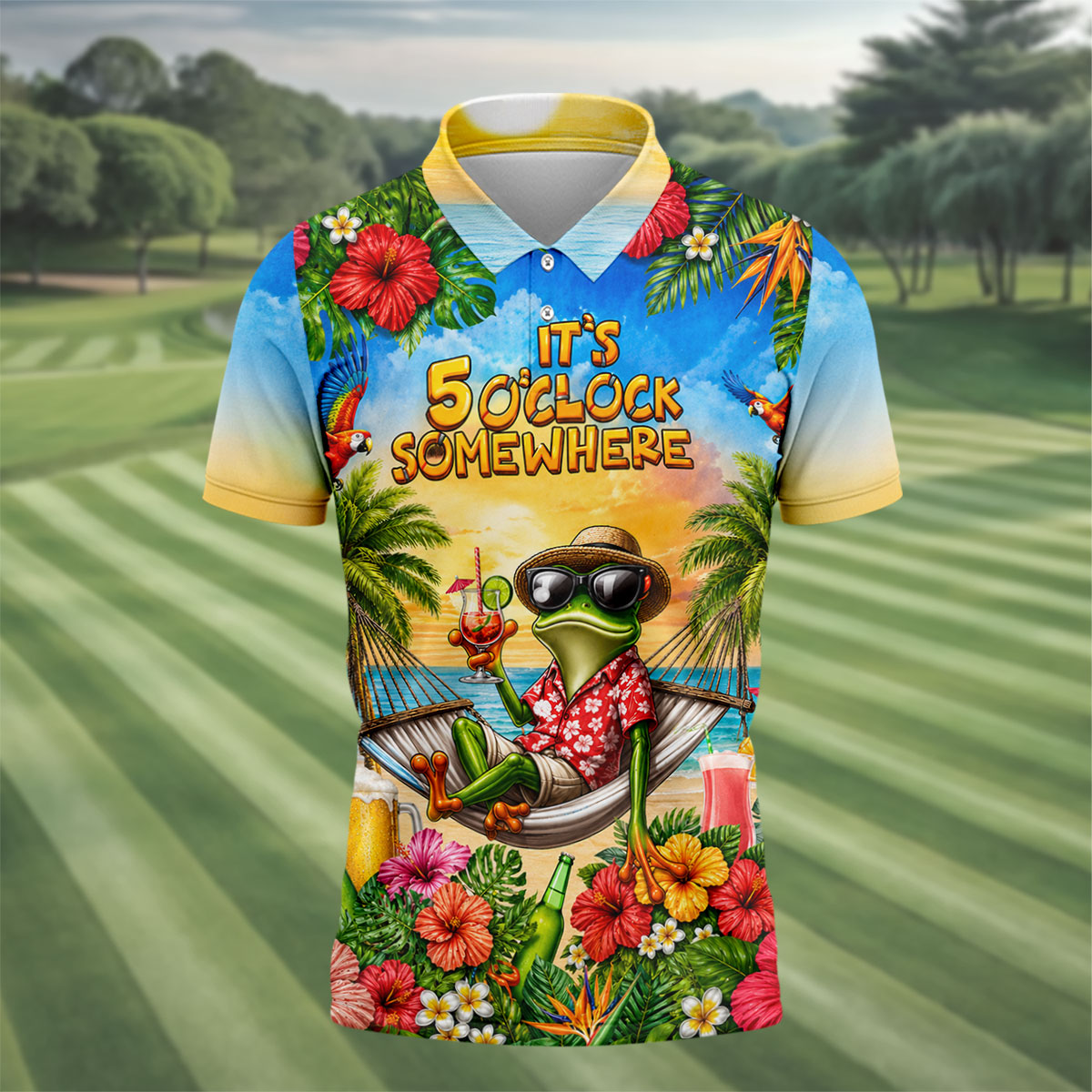 Funny Tropical Frog Drinking Hawaiian Golf Shirt, Mens Golf Polo, Printed Golf Shirts