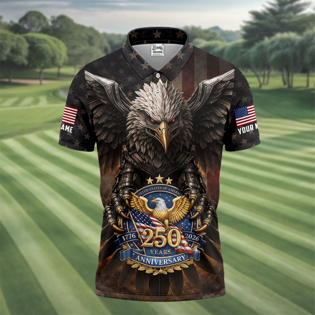 250 Years Fierce Eagle American Flag Retro Golf Shirt, Patriotic 4th Of July Golf Shirts For Men