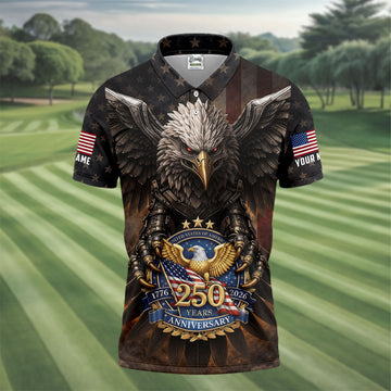 250 Years Fierce Eagle American Flag Retro Golf Shirt, Patriotic 4th Of July Golf Shirts For Men