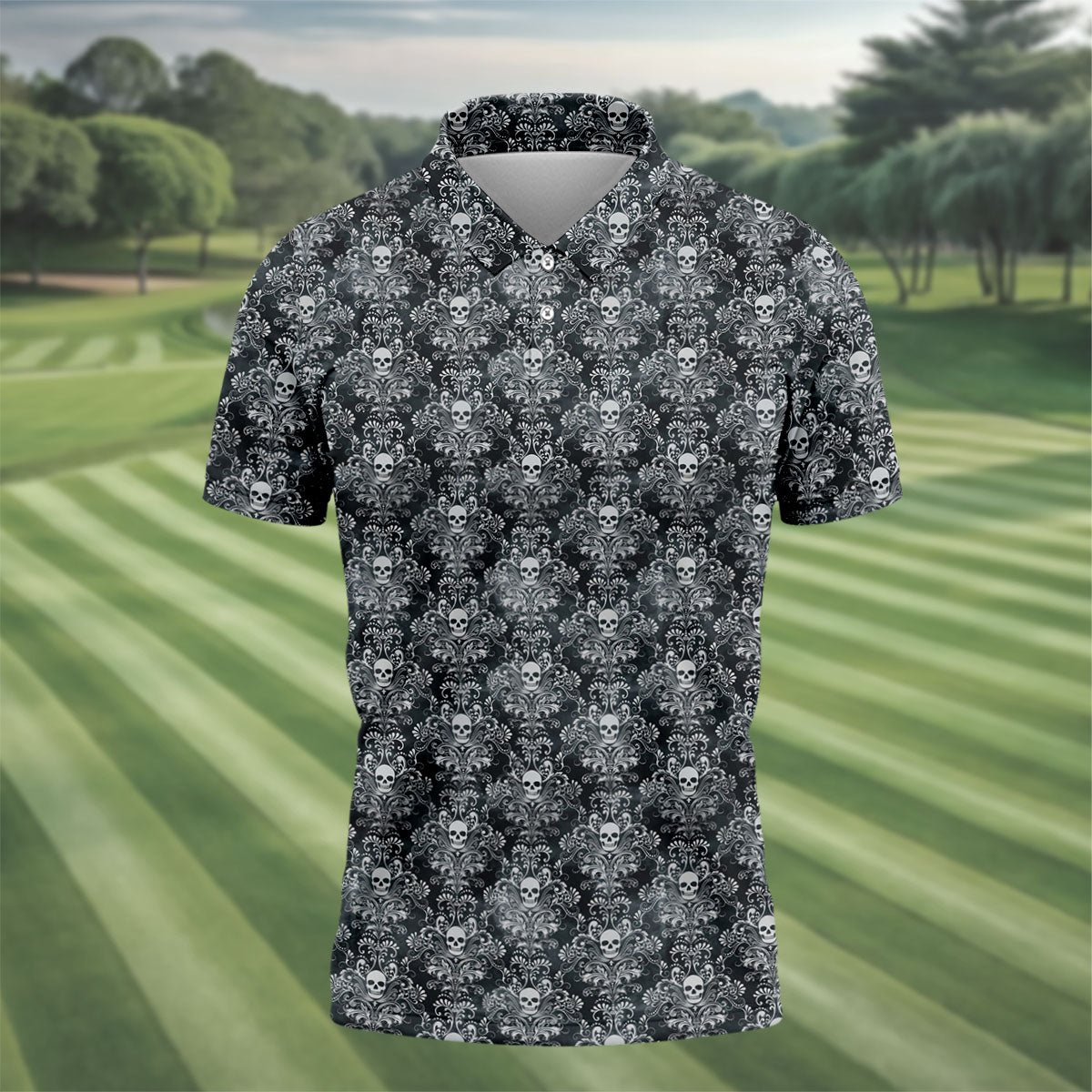 Skull Damask Charcoal Grey Gothic Floral Golf Tops For Men, Polo ShirtFor Men, Golf Shirts For Men