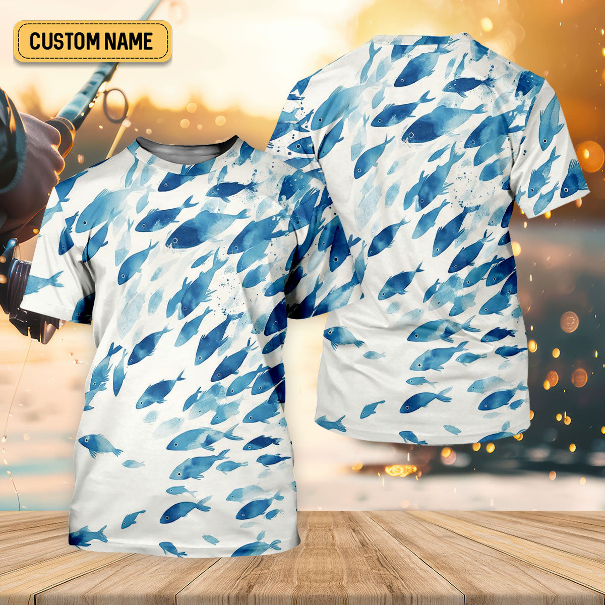 Flowing Fish White And Blue Fishing UPF Shirts, Minimal Watercolor Fishing Shirts For Men