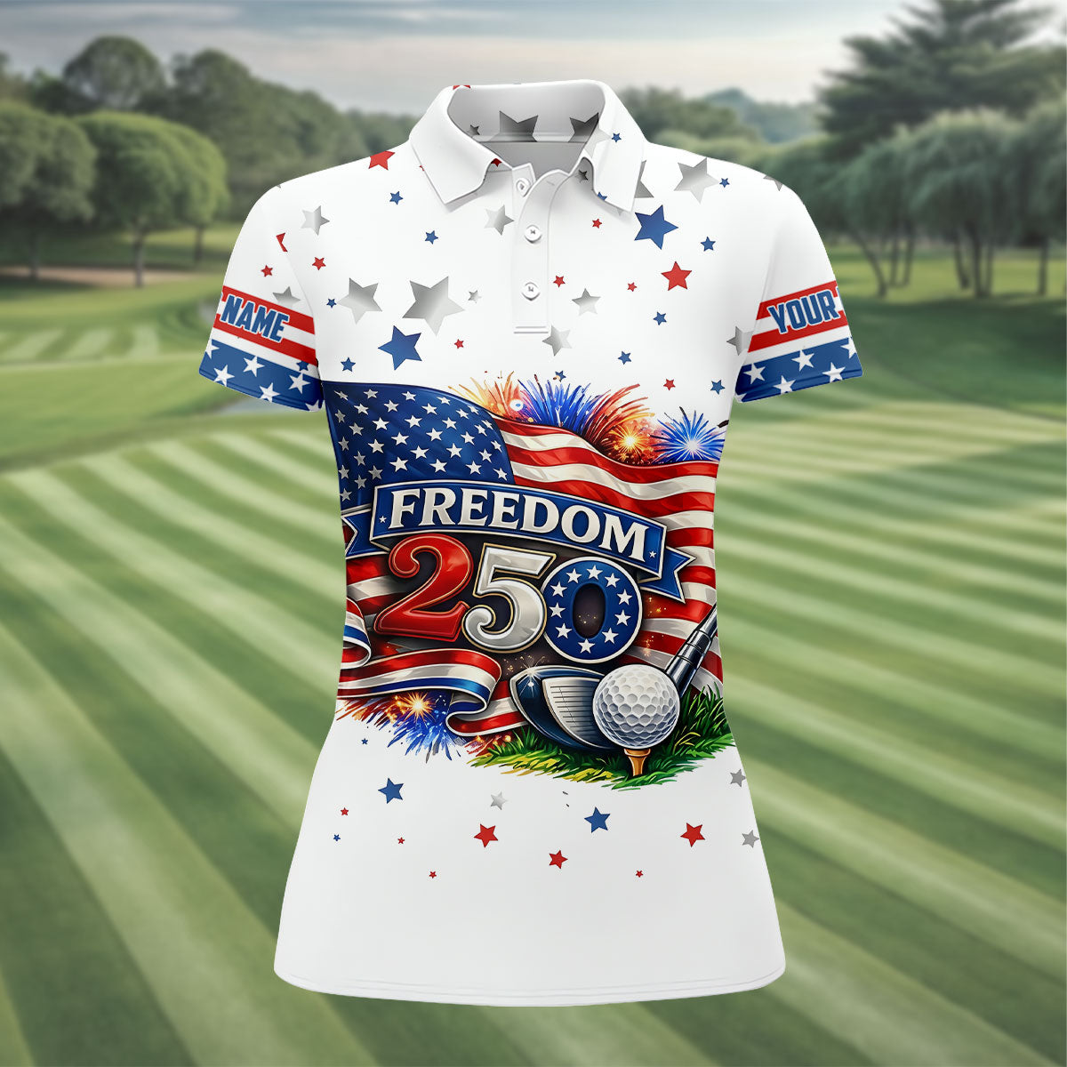 Freedom 250 Independence Celebration American Flag Golf Shirt, Patriotic 4th Of July Golf Shirt For Women