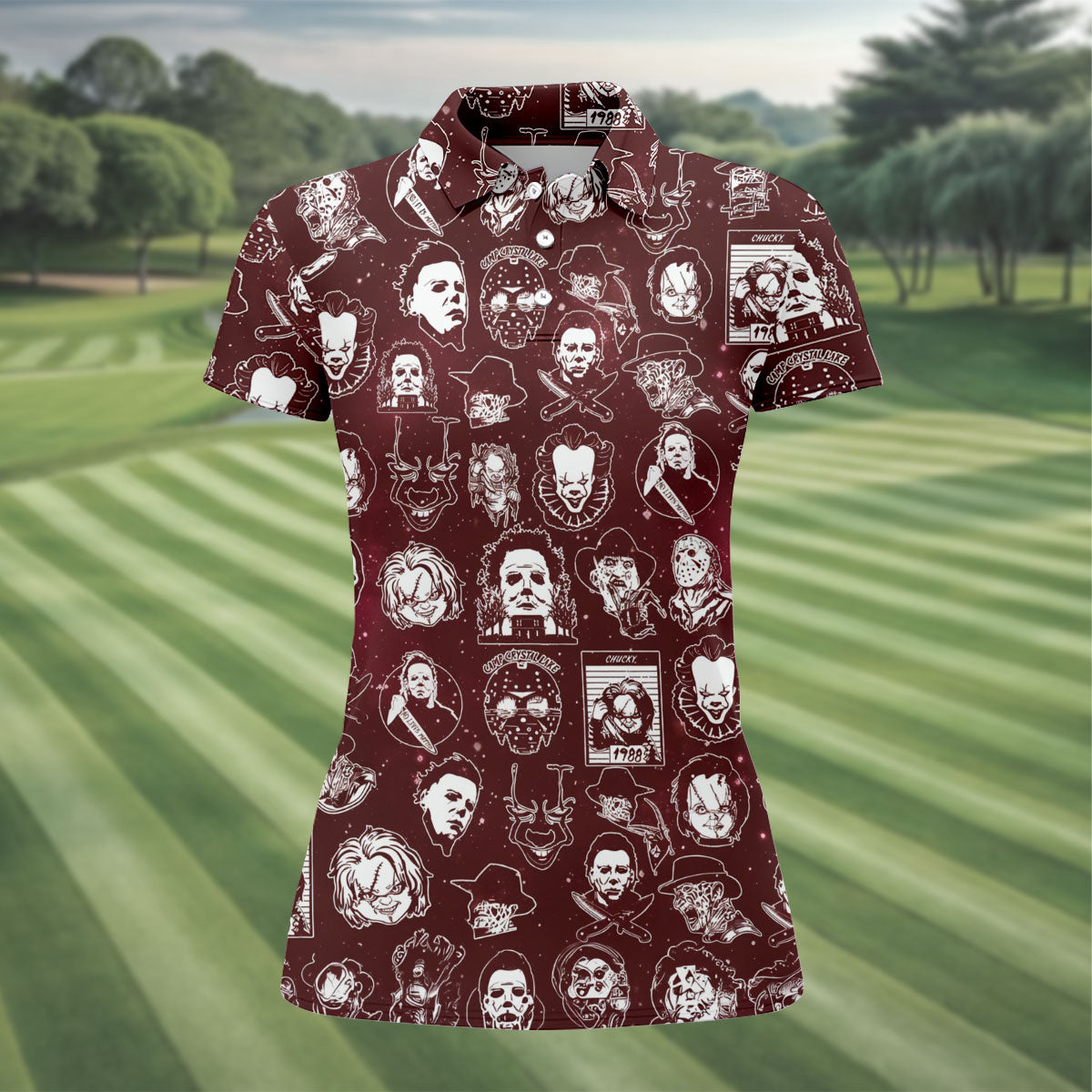 Vintage Halloween Horror Character Pattern Golf Shirt, Women's Golf Polo, Printed Golf Shirt