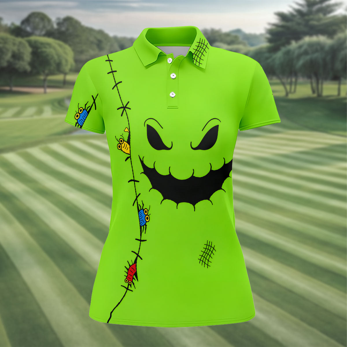 Halloween Monster Face Sleeveless Golf Polo Shirt, Women's Golf Tops, Golf Tops For Women