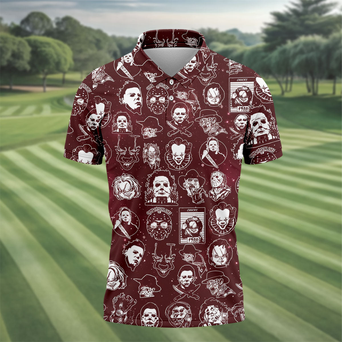 Vintage Halloween Horror Character Pattern Golf Shirt, Men's Golf Shirt, Hawaiian Golf Shirt