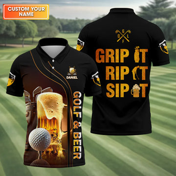 Grip It Rip It Sip It Golf Beer Shirt, Fun Golf Shirts For Men, Funny Golf Polo ShirtDad Golf Gifts