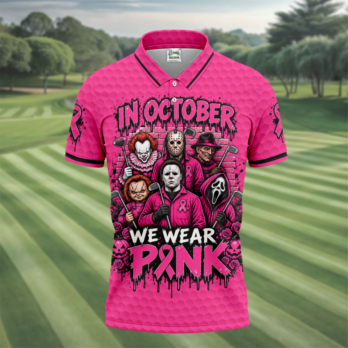 Horror Fights Together Pink Ribbon Polo Shirt, Golf Shirts For Men, Polo Shirts For Men