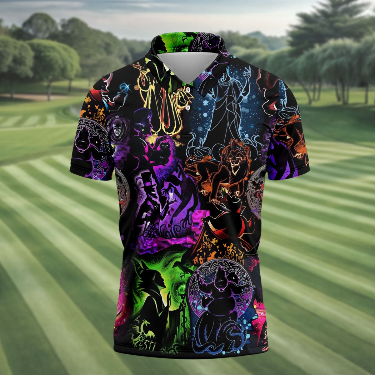 Neon Fantasy Villain Collage Halloween Polo Shirt, Men's Golf Shirt, Golf Apparel For Men