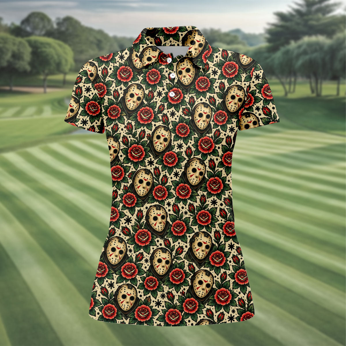 Rose Mask Halloween Horror Character Polo Shirt, Ladies Golf Shirts, Womens Golf Tops