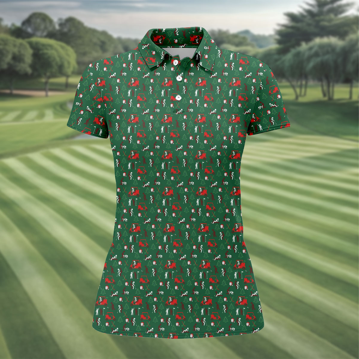 Christmas Golf Cart and Golfer Polo Shirt, Women’s Golf Polo, Golf Tops For Women