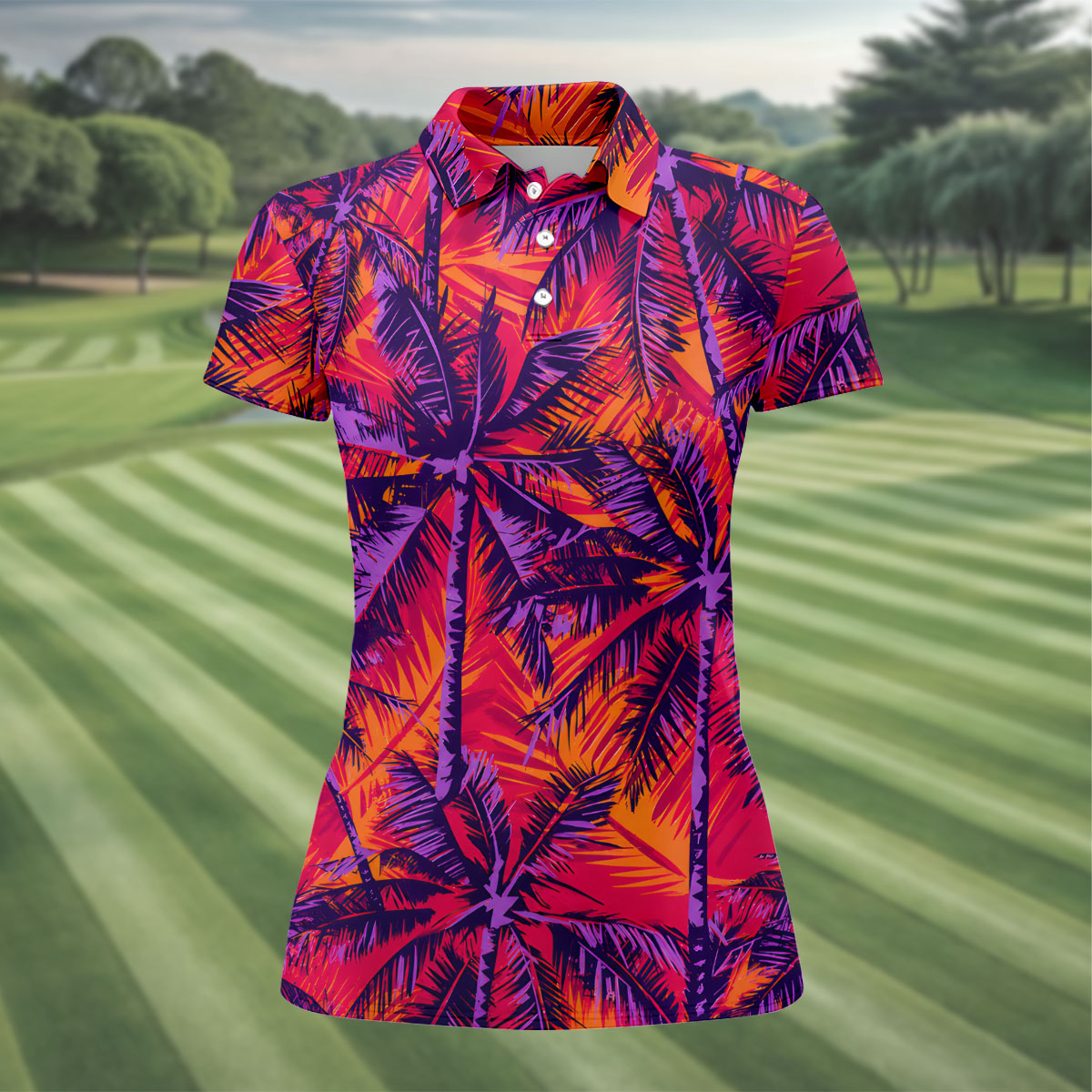 Purple Palm Tree Tropical Island Golf Shirt, Golf Polo For Women, Printed Golf Shirt