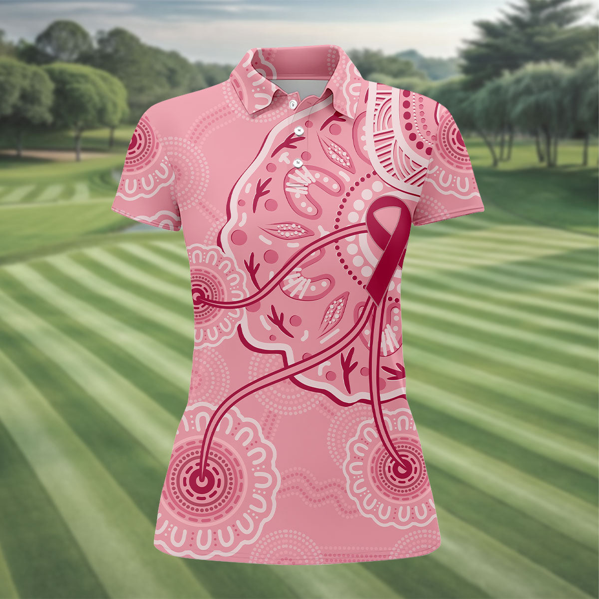 Australia Indigenous Pink Ribbon Women's Golf Shirt, Breast Cancer Awareness Shirt, Golf Shirts For Women