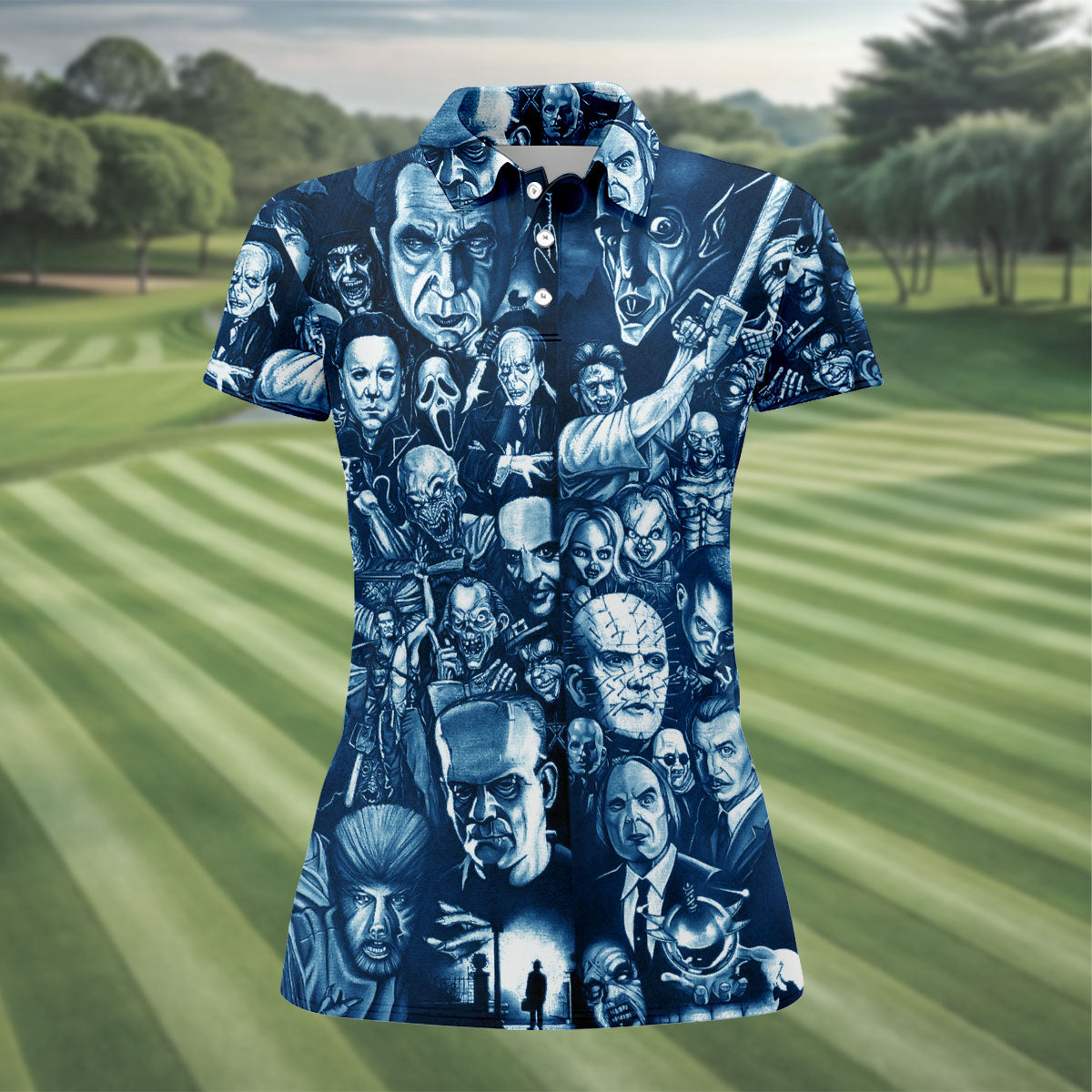 Horror Character Collage Halloween Polo Shirt, Printed Golf Shirt, Golf Tops For Women