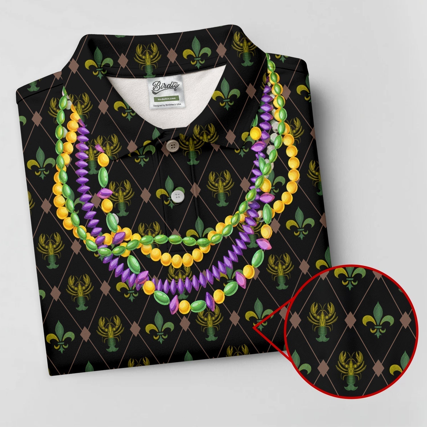 Mardi Gras Purple Green Gold Beads Chain Fleur De Lis Argyle Pattern Black Golf Shirt, Women's Golf Tops