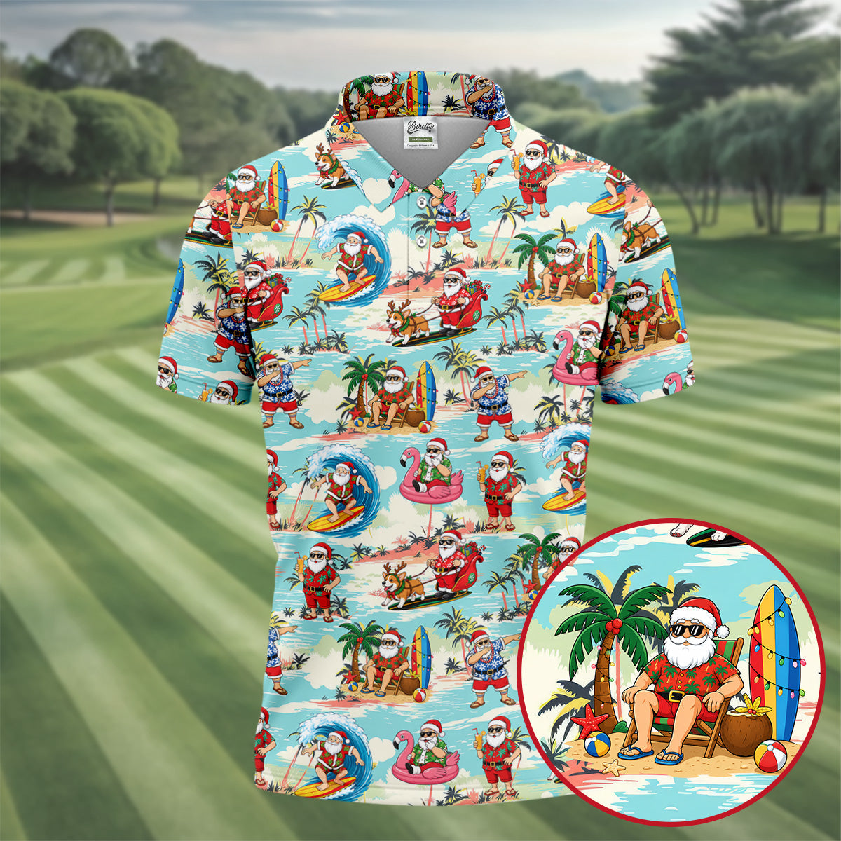 Funny Tropical Santa Beach Christmas Polo Shirt, Mens Golf Polo, Hawaiian Golf Shirt