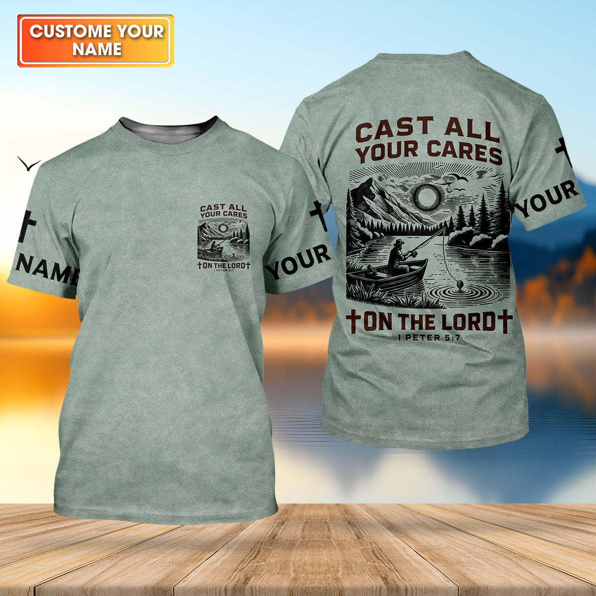 Cast All Your Cares On The Lord Faith Cross Fishing UPF Shirts, Christian Fishing Shirts For Men