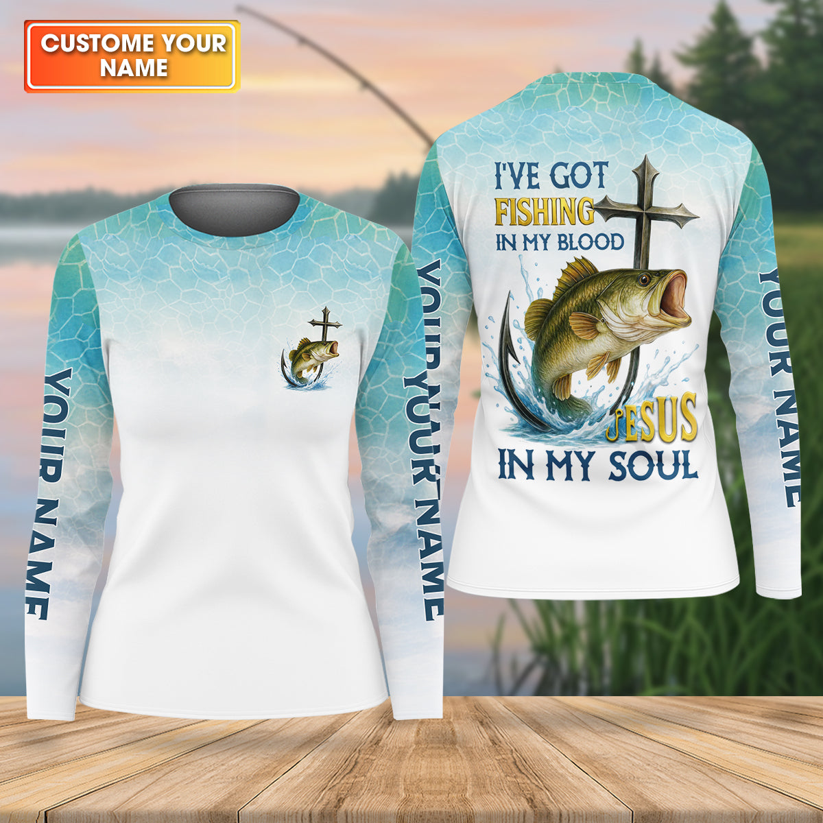 I've Got Fishing In My Blood Jesus In My Soul Faith Cross Christian Fishing UPF Shirts, Women Fishing Shirt