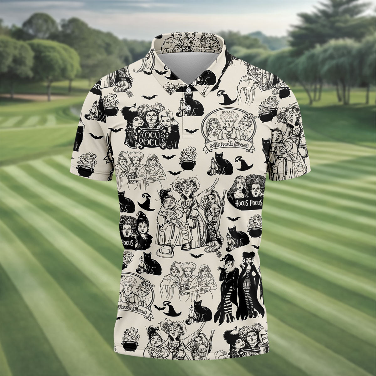 Witch Sisters Black Cat Halloween Polo Shirt, Golf Polo Shirts For Men, Mens Golf Apparel