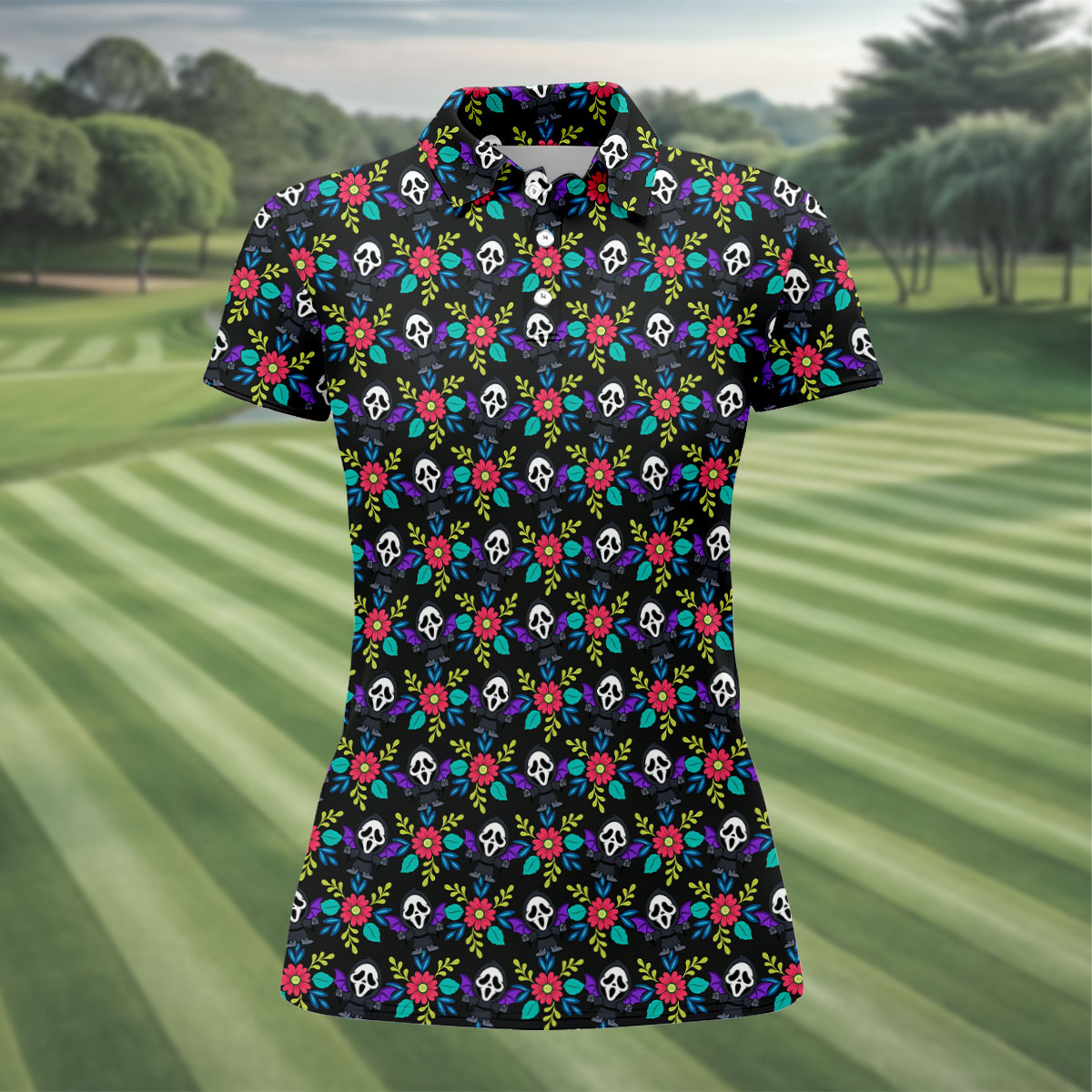Floral Horror Character Halloween Polo Shirt, Women's Halloween Shirt, Women's Golf Polo