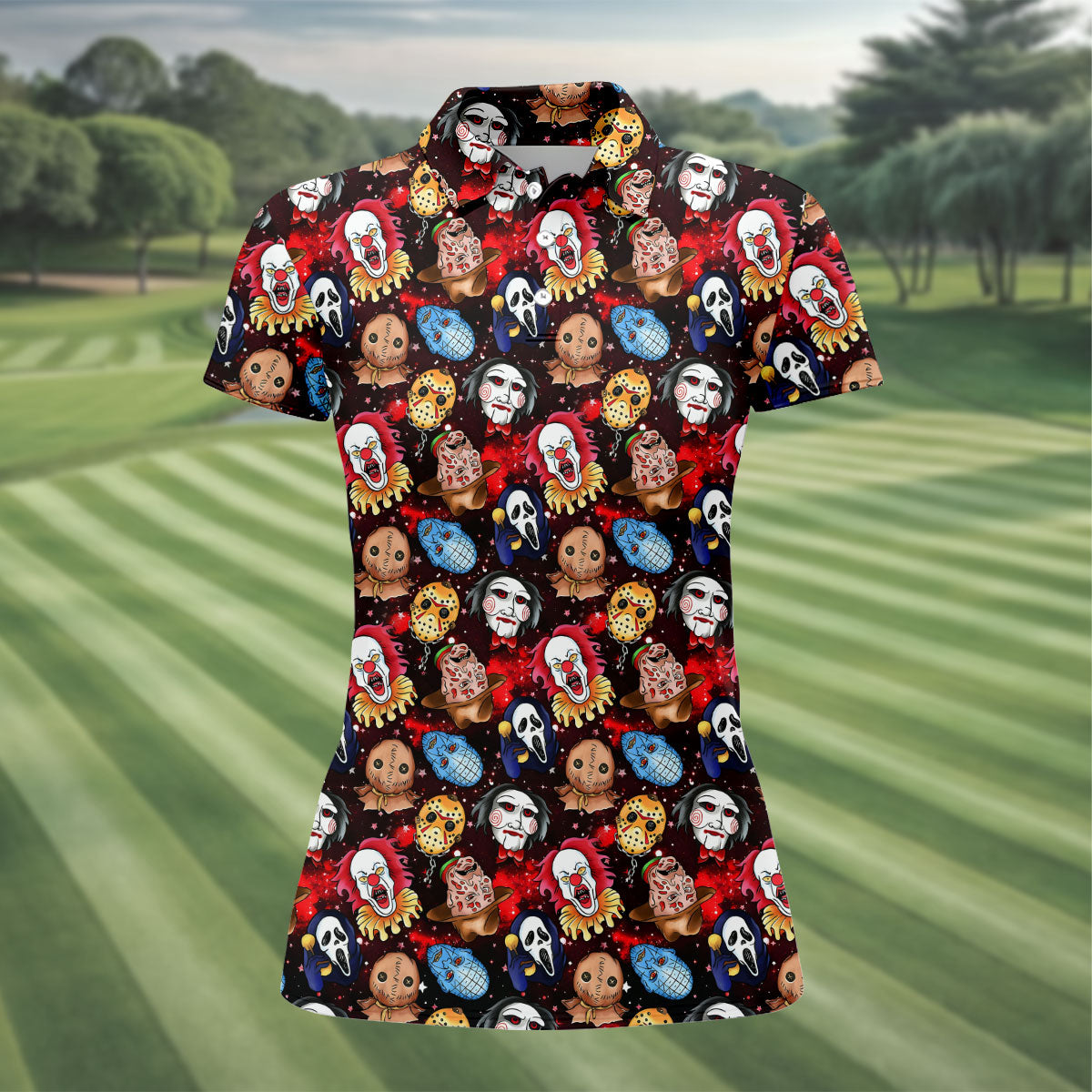 Red Galaxy Horror Character Pattern Halloween Golf Shirt, Ladies Golf Shirts, Women’s Golf Apparel