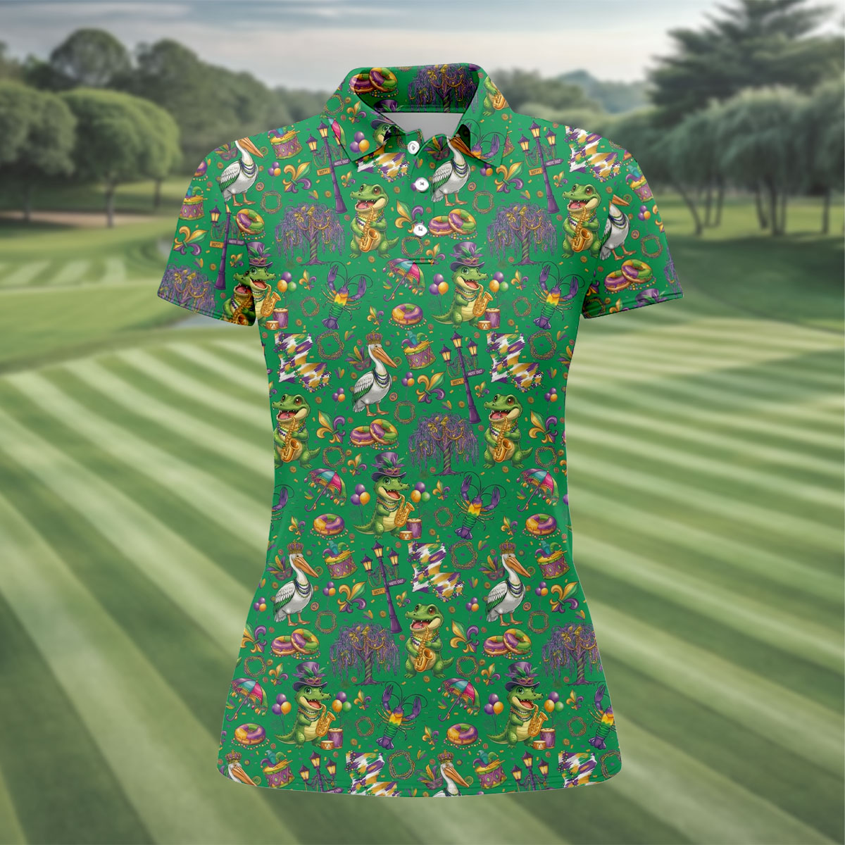 Mardi Gras Fleur De Lis Animal Band Green Golf Shirt, Women's Golf Shirts, Ladies Golf Polos