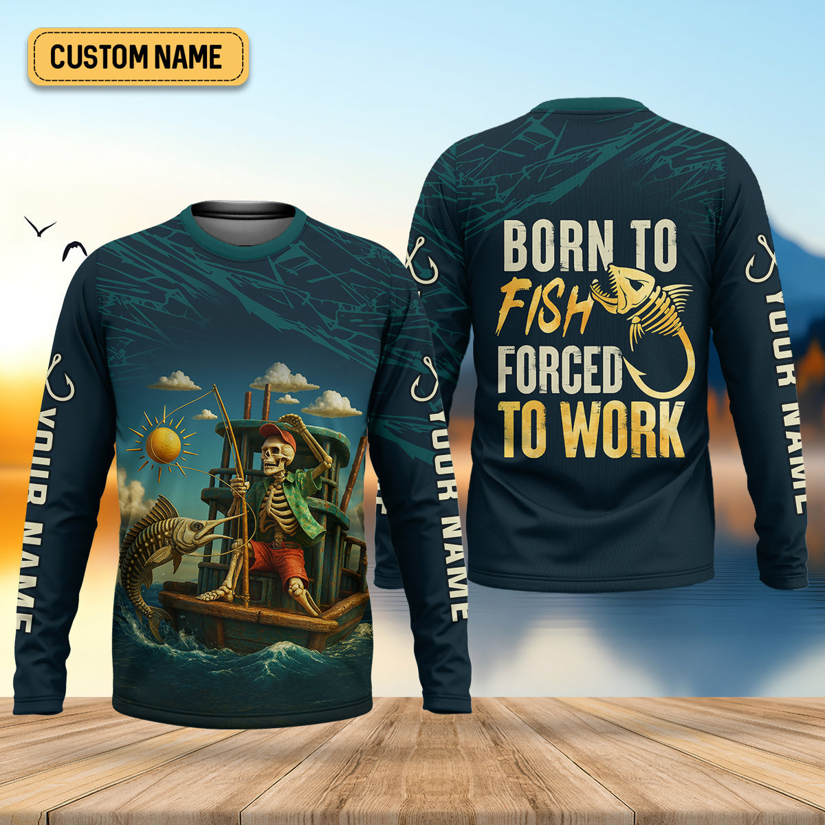 Born To Fish Forced To Work Funny Skeleton Fishing UPF Shirts, Presents For Fishermen, Men's Fishing Shirt