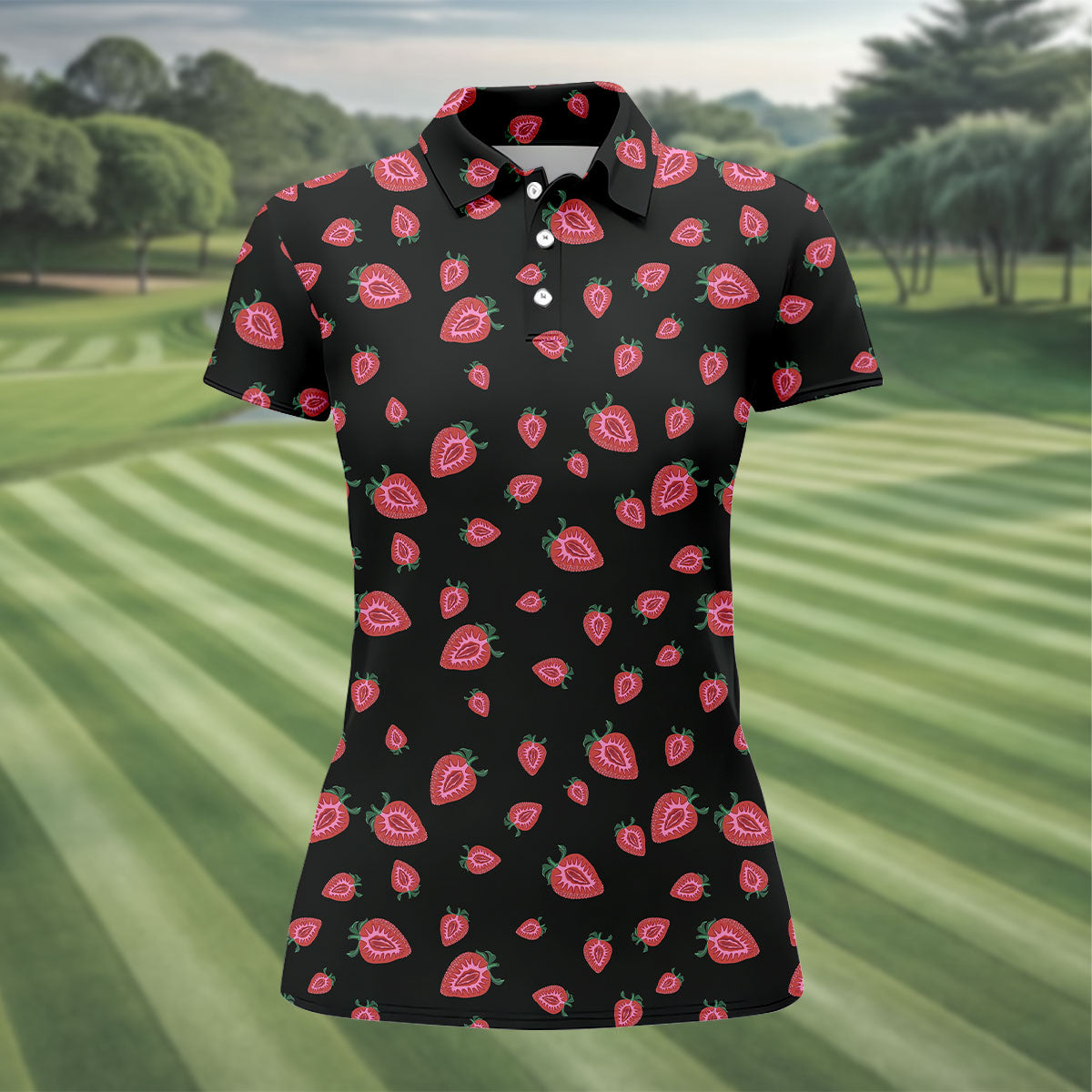 Strawberry Slice Black Golf Shirt, Golf Polo For Women, Women's Golf Shirt, Hawaiian Golf Shirt