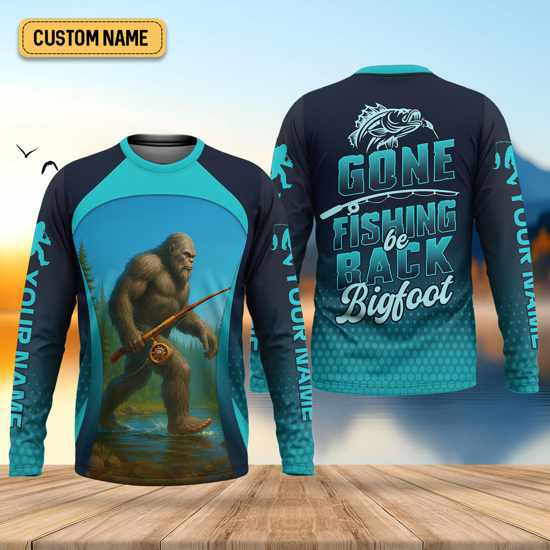 Gone Fishing Be Back Bigfoot Blue Fishing Shirt, SPF Shirt For Men, Gift For Fisherman, Men's Fishing Shirt