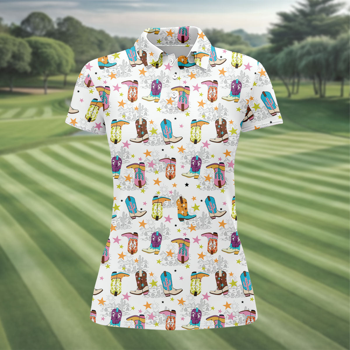 Colorful Western Cowboy Boots Pattern Hawaiian Golf Shirt, Ladies Golf Shirt, Women’s Golf Apparel