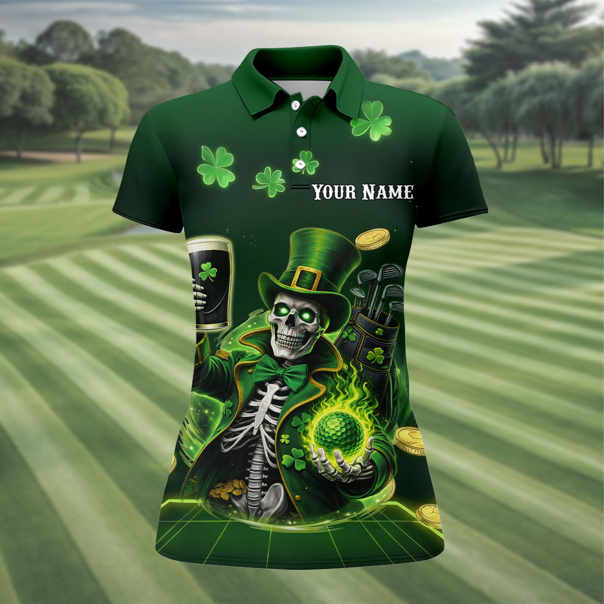 Irish Skull Leprechaun Hat Dark Beer Green St Patrick's Day Women's Golf Tops, Ladies Golf Polos