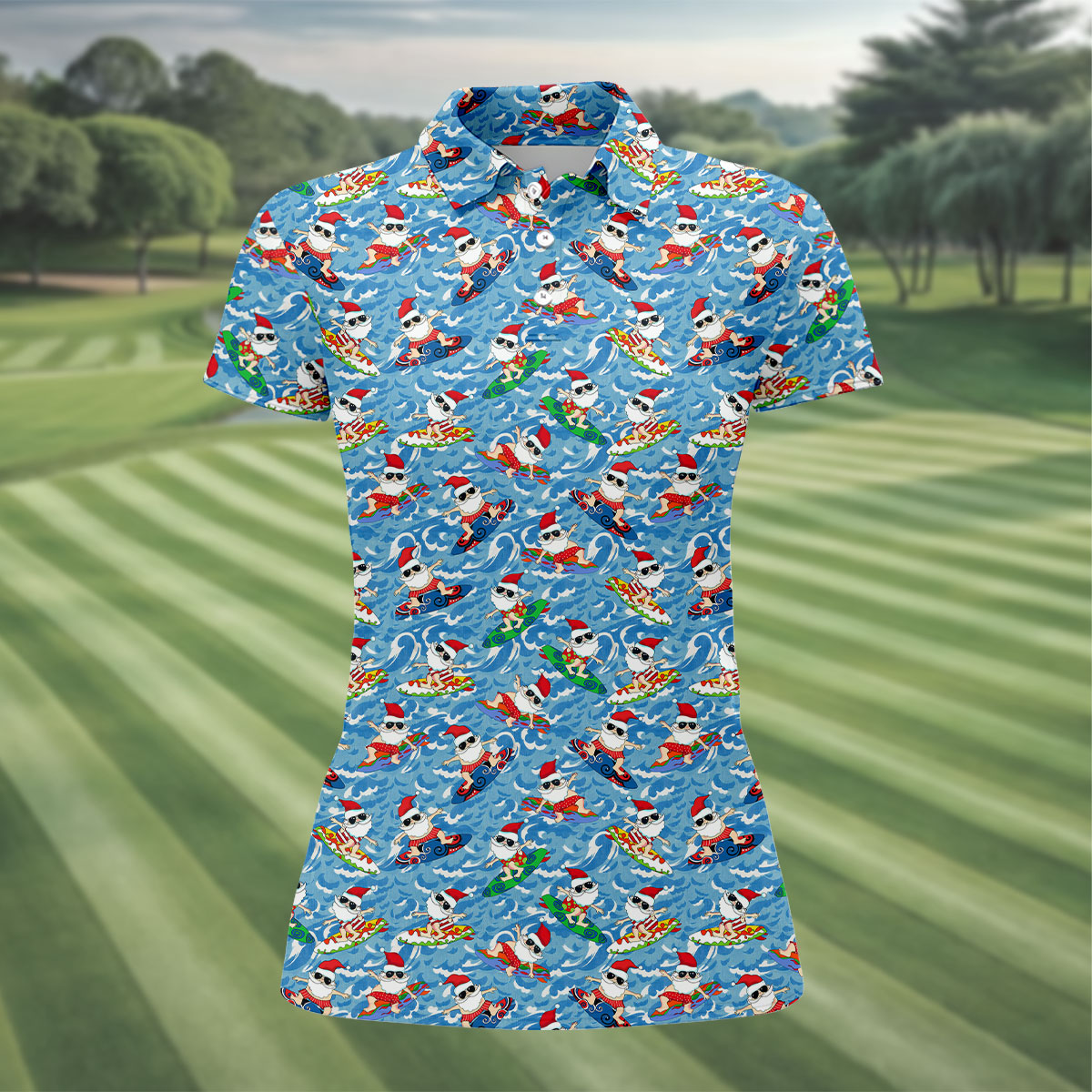 Surfing Santa Christmas Ocean Pattern Polo Shirt, Womens Golf Polo, Christmas Golf Shirt