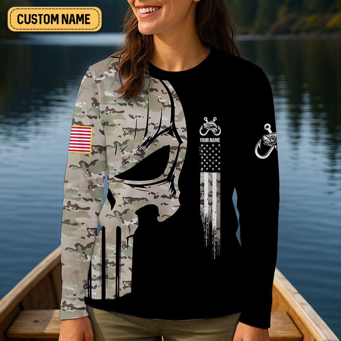 Custom Camo Patriotic Fishing Shirt, Fishing UPF Shirts, Fishing Shirt For Women, Female Fishing Shirts