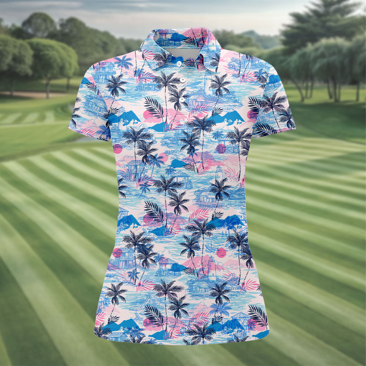 Tropical Island Sunset Pink And Blue Hawaiian Golf Shirt, Golf Shirt For Women, Golfing Apparel