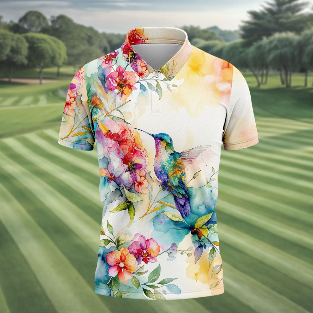 Watercolor Hummingbird Floral Polo Shirt, Men's Golf Shirt, Golf Apparel For Men