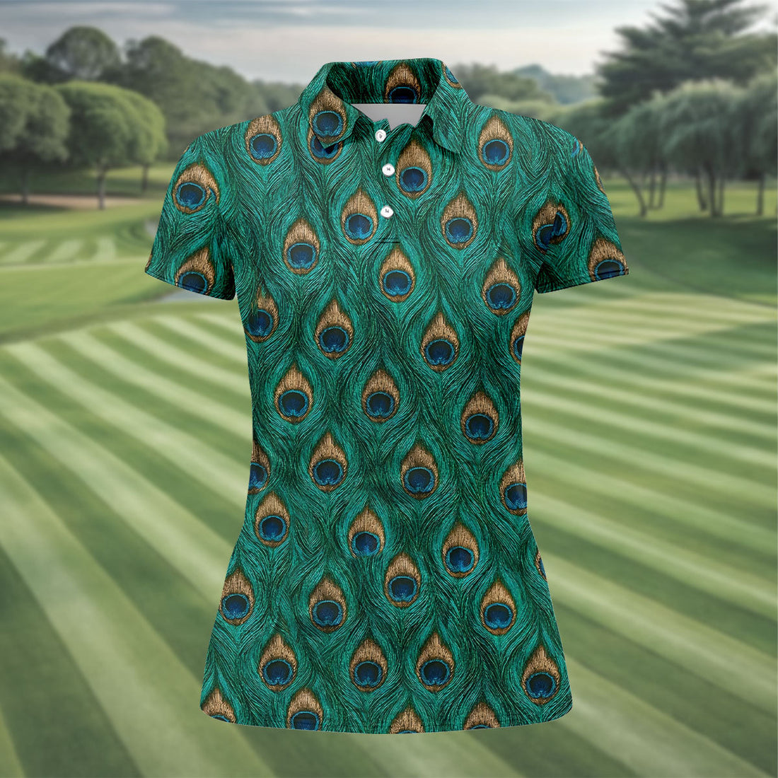 Peacock Feather Pattern Hawaiian Golf Shirt, Hawaiian Golf Shirt, Women’s Golf Apparel, Printed Golf Shirt