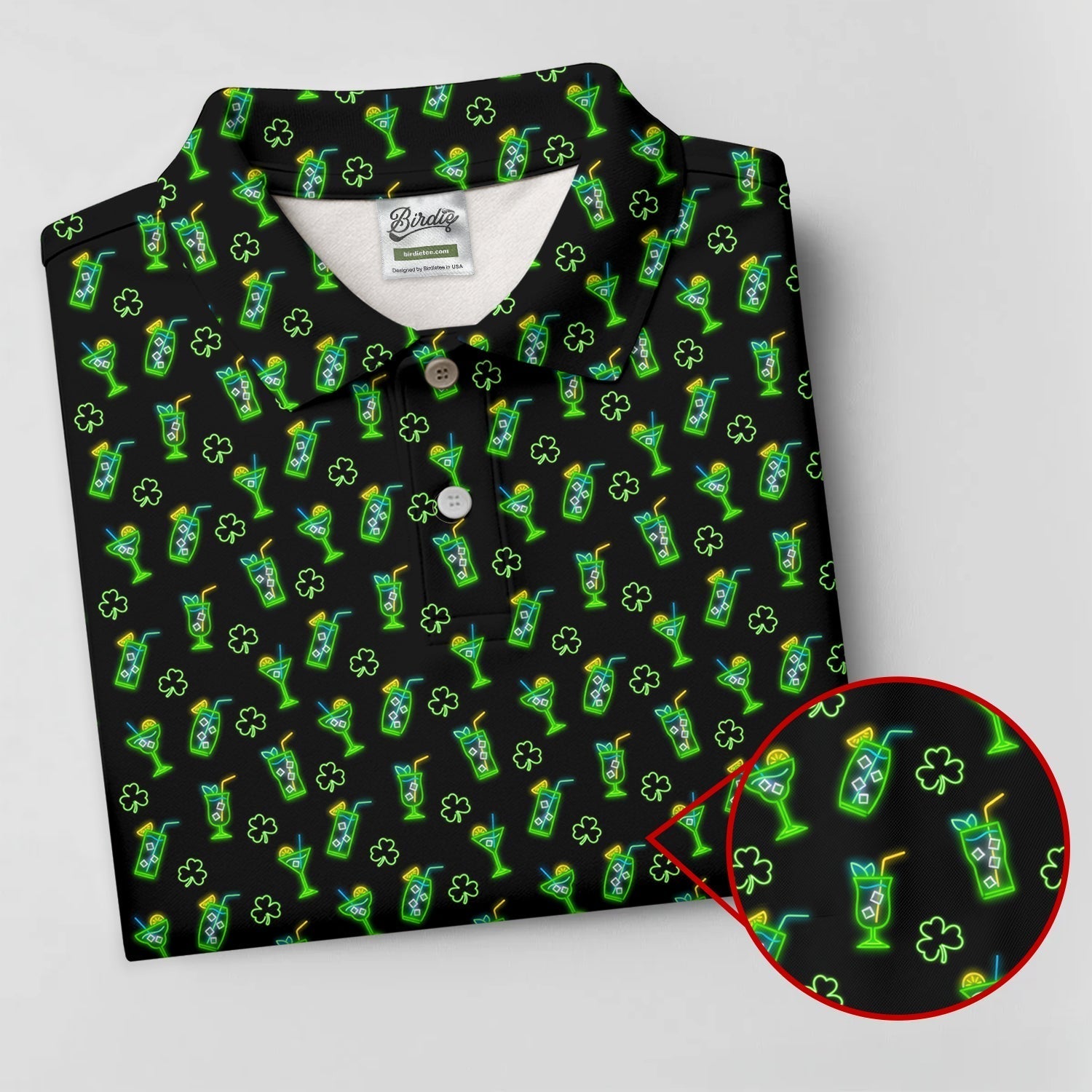 Neon Green Cocktails Three Leaf Clover St Patrick's Day Golf Shirt, Women's Golf Tops, Ladies Golf Shirts