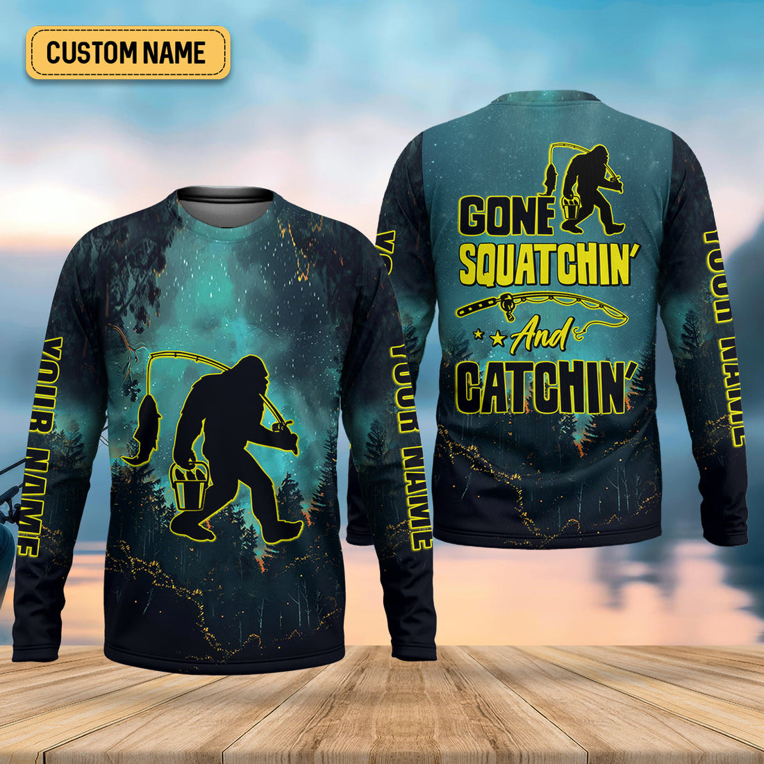 Gone Squatchin And Catching Night Forest Performance Fishing Shirts, SPF Shirt For Men, Gift For Fisherman