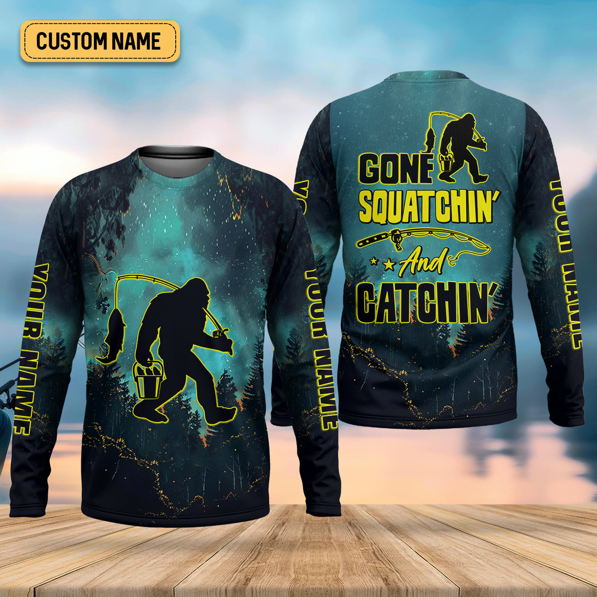 Gone Squatchin And Catching Night Forest Performance Fishing Shirts, SPF Shirt For Men, Gift For Fisherman