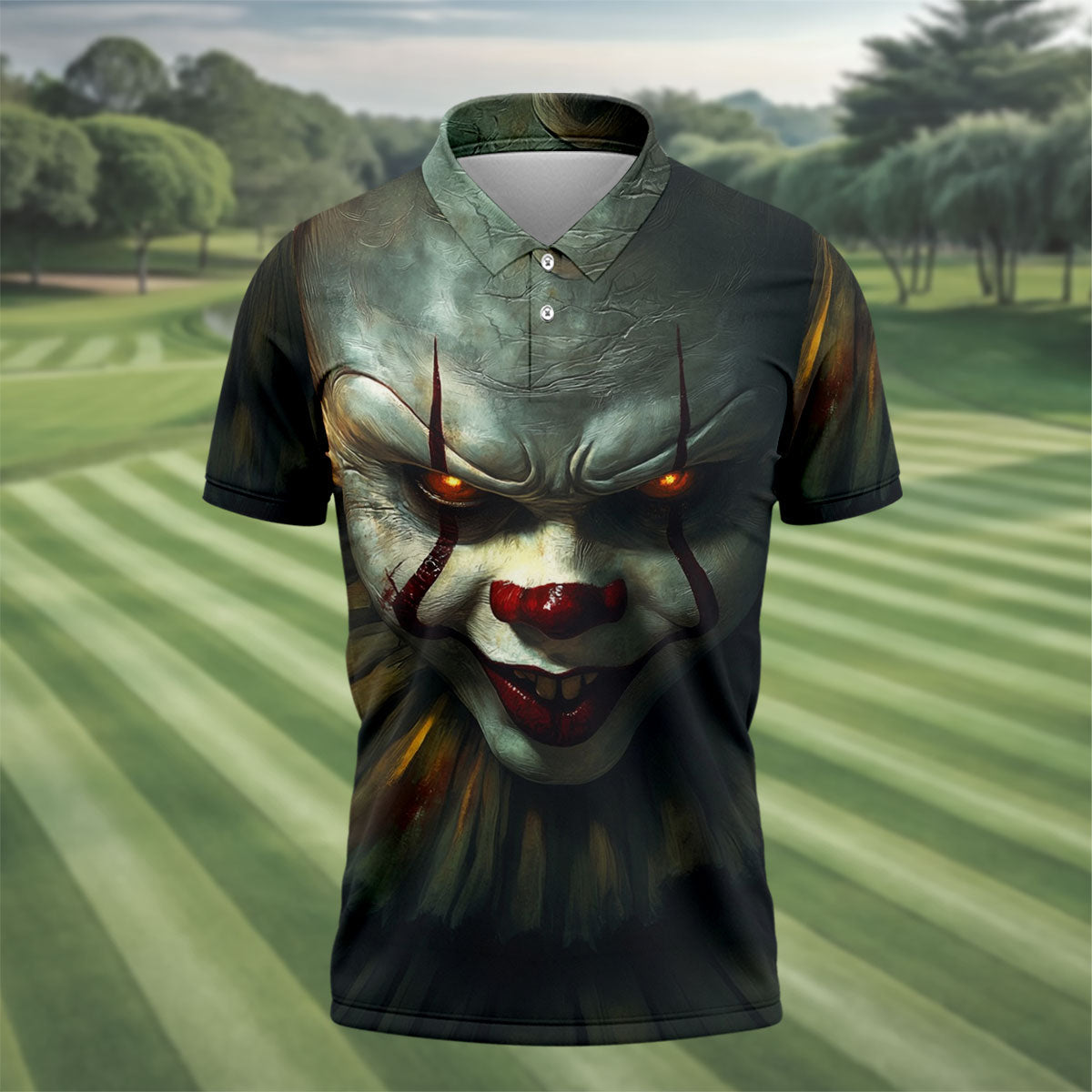 Scary Clown Face Halloween Polo Shirt, Golf Polo Shirts For Men, Mens Golf Apparel