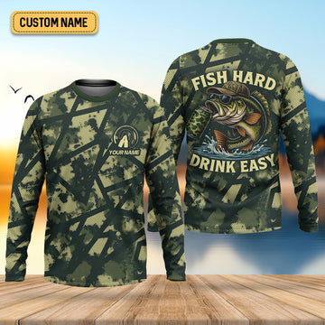 Fish Hard Drink Easy Green Camo Funny Fishing Shirt, SPF Shirt For Men, Largemouth Bass Fishing Shirts For Men
