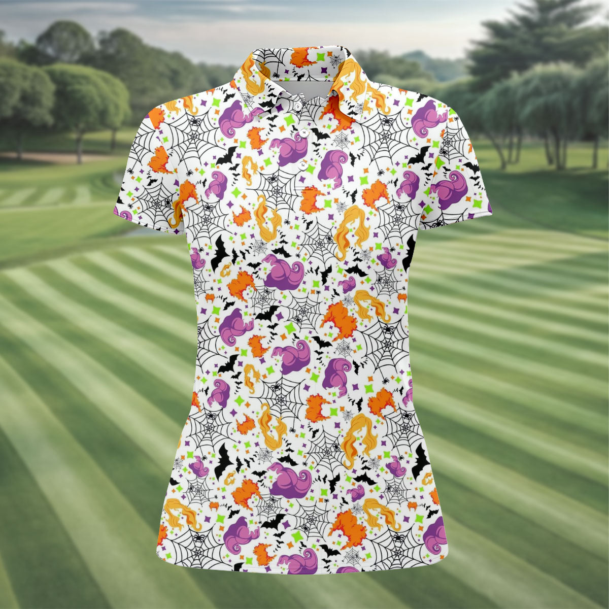 Halloween Witch Horror Character Pattern Polo Shirt, Women's Golf Tops, Ladies Golf Shirts