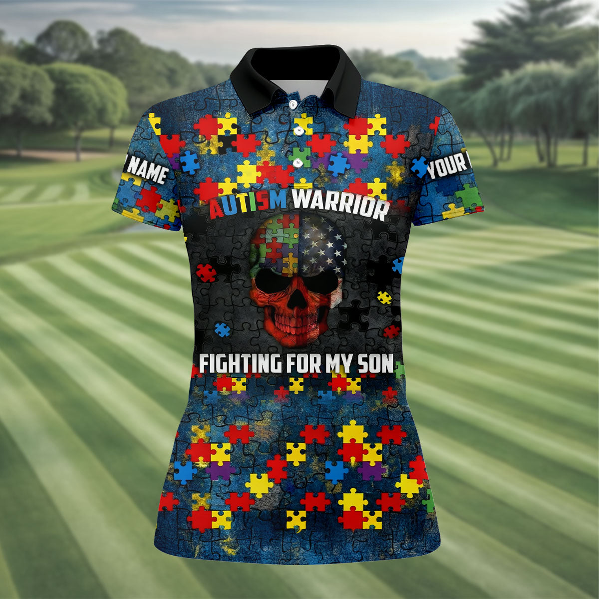 Autism Warrior Fighting For My Son Colorful Puzzles Women's Golf Tops, Unique Mother's Day Gifts