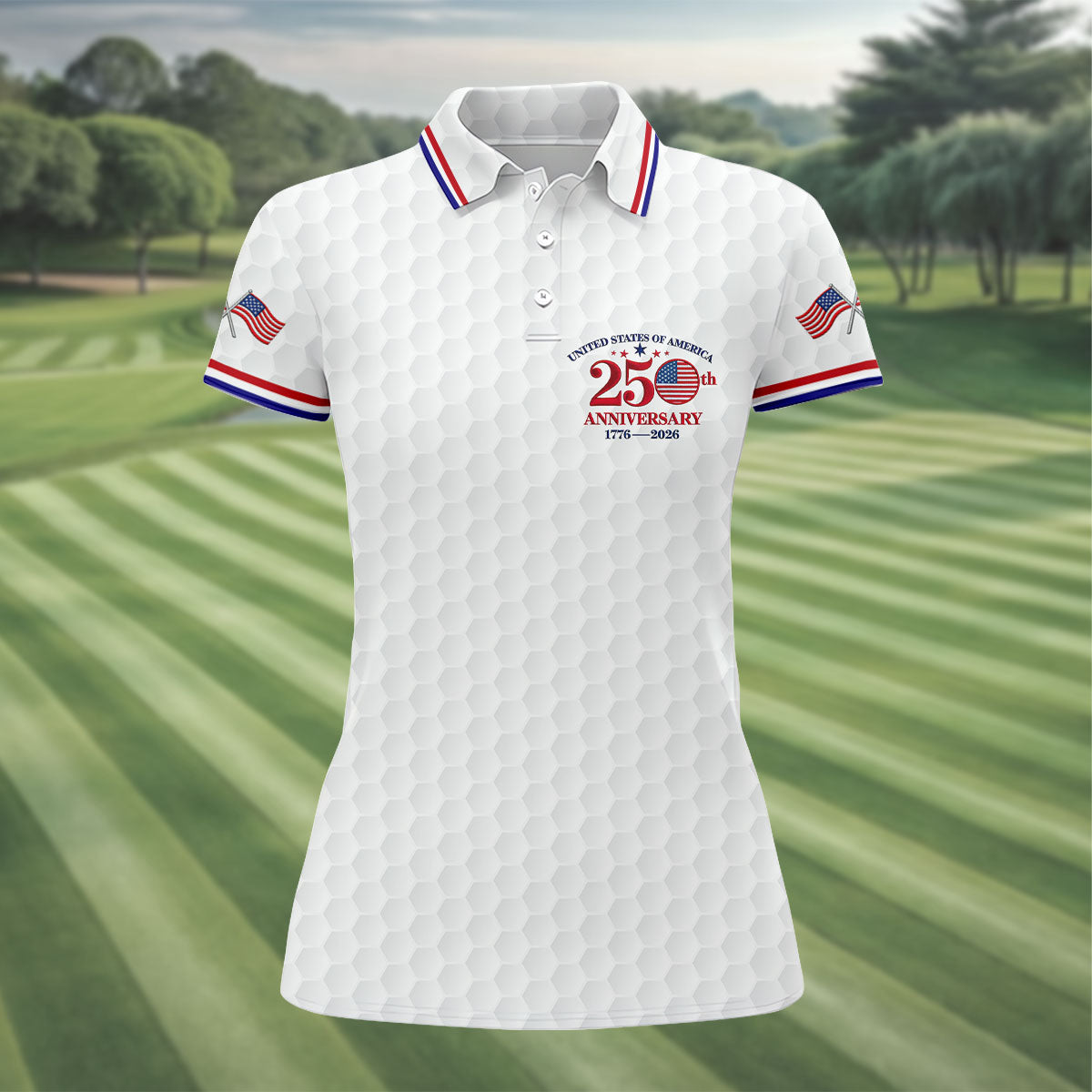 USA 250th Anniversary Golf Ball Pattern White Golf Shirt, 4th Of July Patriotic Golf Shirt For Women