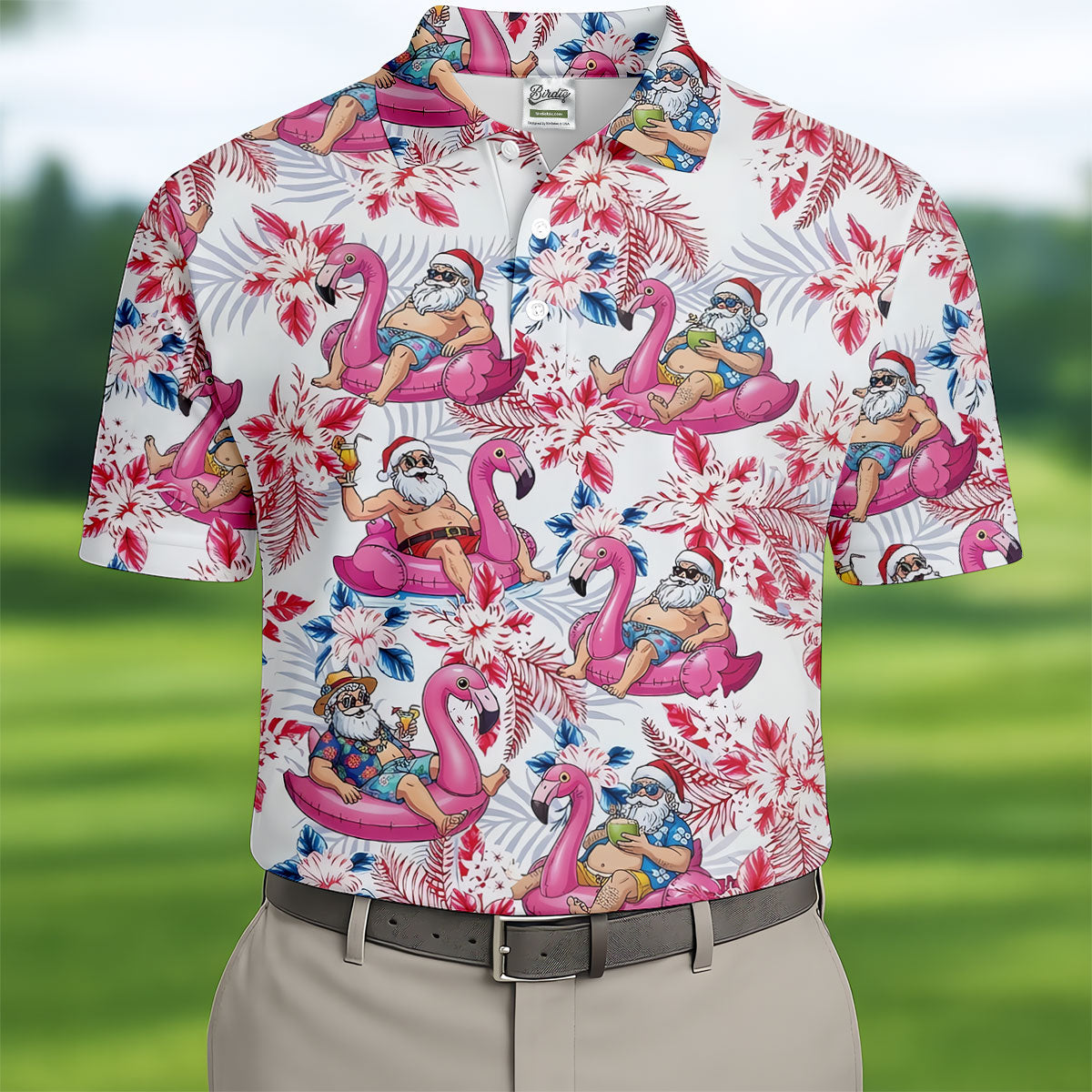 Funny Tropical Santa Flamingo Christmas Polo Shirt, Mens Golf Polo, Hawaiian Golf Shirt