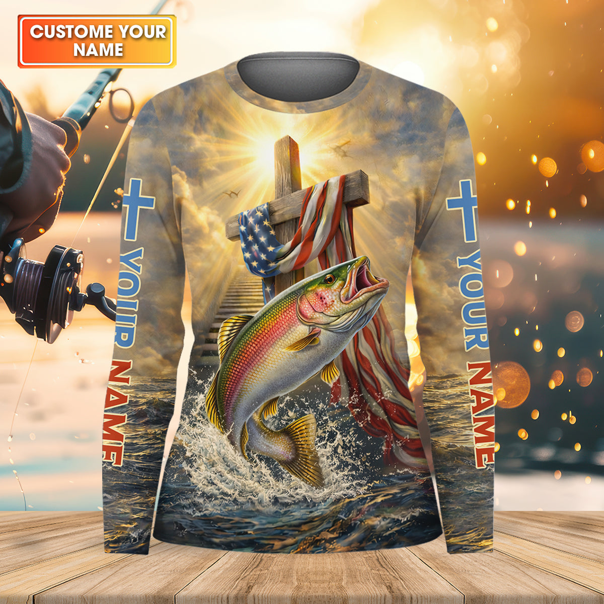 Faith Cross Patriotic Fishing Shirt, Fishing UPF Shirts, 250th Anniversary Fishing Shirt For Women