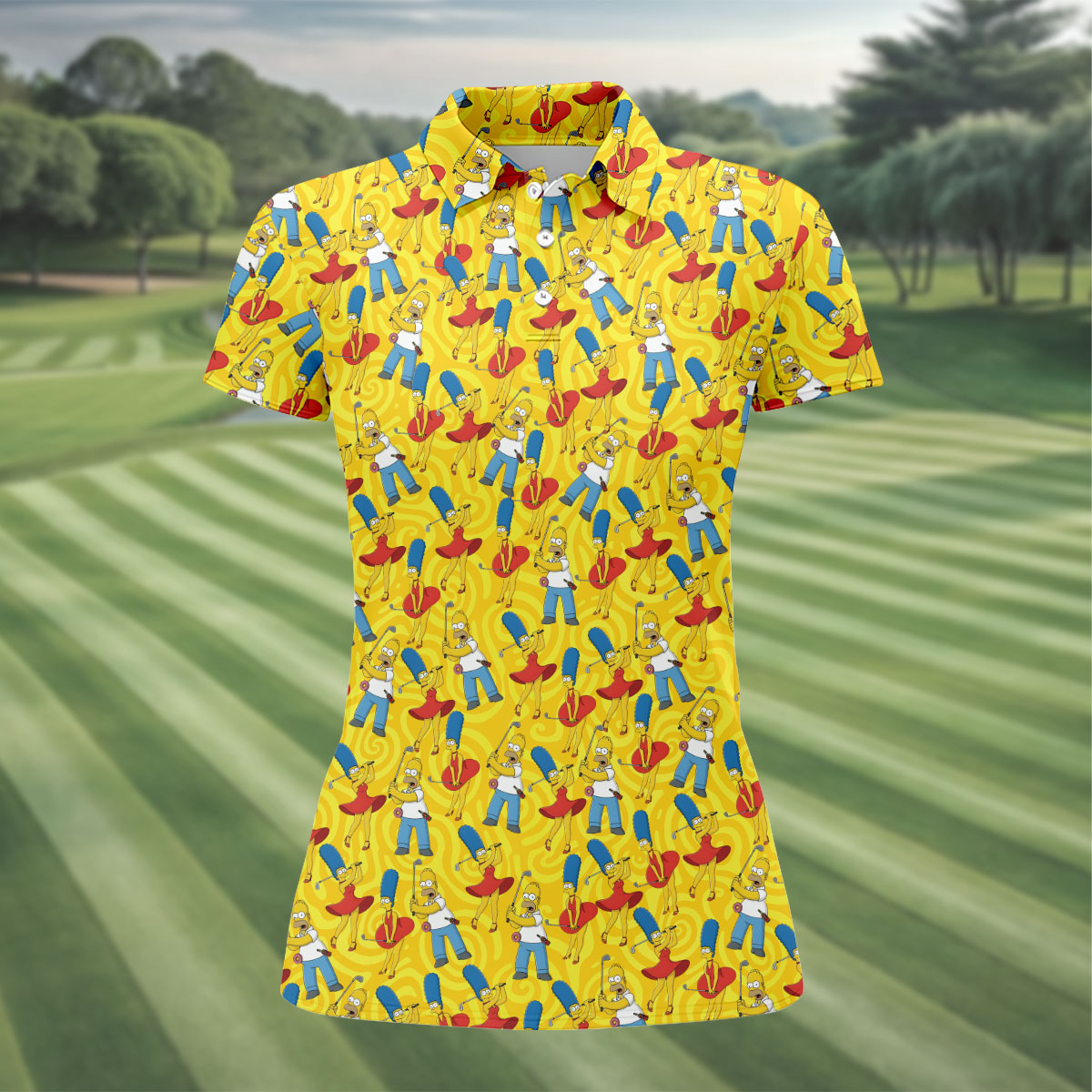 Funny Cartoon Couple Golf Pattern Polo Shirt, Golf Shirts For Women, Women’s Golf Polo
