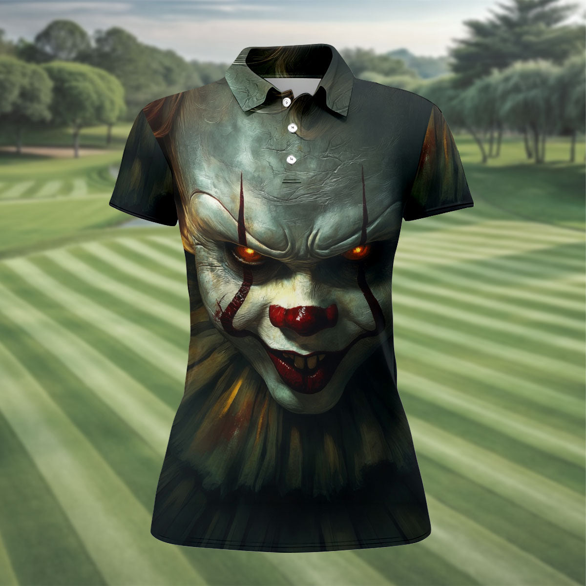 Scary Clown Face Halloween Polo Shirt, Golf Tops For Women, Women’s Golf Apparel