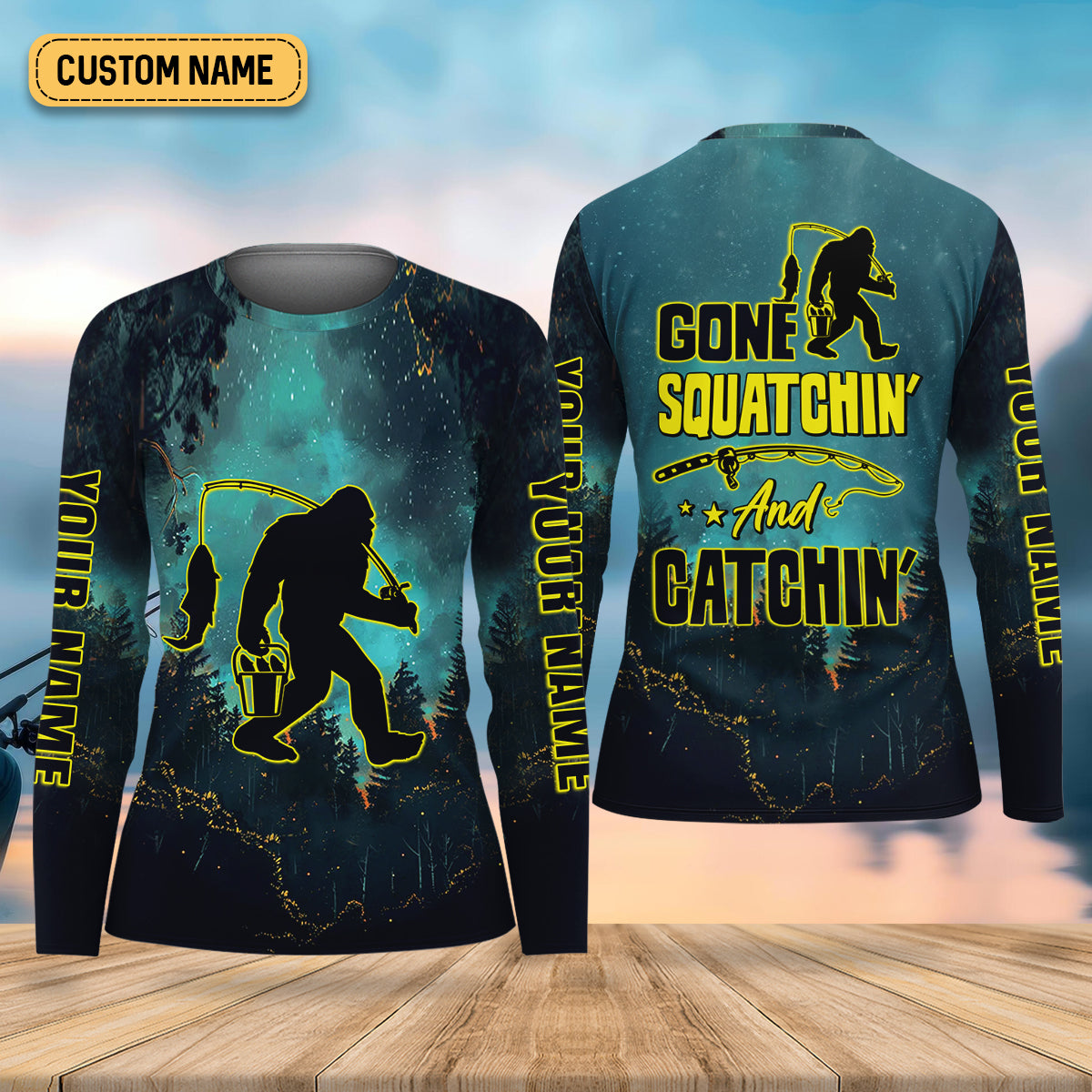 Gone Squatchin And Catching Night Forest Performance Fishing Shirts, Women SPF Shirt, Female Fishing Shirts